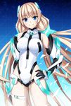 angela_balzac bare_shoulders blonde_hair blue_eyes blush breasts collarbone covered_navel deva_battle_suit elbow_gloves gloves hand_on_hip headgear highres ike_masato impossible_clothes impossible_leotard large_breasts leotard long_hair looking_at_viewer rakuen_tsuihou smile solo space star_(sky) twintails very_long_hair 