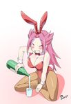  ^_^ alternate_costume animal_ears bottle breasts bunny_ears bunnysuit cleavage closed_eyes fake_animal_ears glass grin highres holding imu_sanjo jun'you_(kantai_collection) kantai_collection kemonomimi_mode large_breasts long_hair pantyhose pink_hair sake_bottle sitting smile solo 