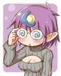  @_@ adjusting_eyewear arara_cocoa blush breasts cleavage cleavage_cutout coke-bottle_glasses crescent crescent_hair_ornament freckles gerotan glasses hair_ornament medium_breasts meme_attire ng_knight_lamune_&amp;_40 open-chest_sweater pointy_ears purple_hair ribbed_sweater round_eyewear short_hair solo sweater 