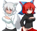  alternate_costume animal_ears bad_id bad_pixiv_id blush bow breasts cleavage cleavage_cutout flying_sweatdrops hair_bow inubashiri_momiji katsumi5o large_breasts long_sleeves meme_attire multiple_girls open-chest_sweater open_mouth red_eyes red_hair ribbed_sweater sekibanki silver_hair skirt sweater tail touhou turtleneck wavy_mouth wolf_ears wolf_tail 
