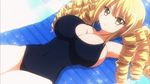  1girl blonde_hair blush breasts cleavage drill_hair highres large_breasts lying one-piece_swimsuit ore_no_nounai_sentakushi_ga_gakuen_love-comedy_wo_senryoku_de_jama_shiteru reikadou_ayame screencap smile swimsuit yellow_eyes 