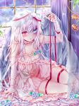  bad_id bad_pixiv_id bed casual choker dress flower heterochromia long_hair looking_at_viewer original parted_lips silver_hair sitting solo tetsu_tissue veil white_dress 