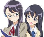  black_hair glasses grey_eyes happinesscharge_precure! heartcatch_precure! hikawa_maria long_hair multiple_girls myoudou_gakuen_high_school_uniform necktie precure purple_hair shirt smile tsukikage_yuri umanosuke upper_body white_background 