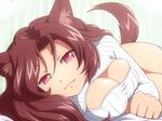  alternate_costume animal_ears breasts brown_hair cleavage cleavage_cutout fang fangs imaizumi_kagerou large_breasts long_sleeves looking_at_viewer lying meme_attire naked_sweater no_pants on_side open-chest_sweater pink_eyes ribbed_sweater shirosato solo sweater tail touhou wolf_ears wolf_tail 
