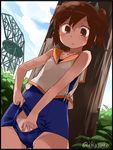  blush brown_eyes brown_hair cloud day i-401_(kantai_collection) kantai_collection one-piece_swimsuit ponytail sailor_collar school_swimsuit school_swimsuit_flap school_uniform short_hair sky solo suka swimsuit swimsuit_under_clothes tan tree twitter_username 