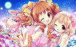  ;3 ;d \m/ bow brown_eyes brown_hair digital_media_player futaba_anzu hair_bow hair_ornament hair_ribbon hat idolmaster idolmaster_cinderella_girls looking_at_viewer mitsumomo_mamu moroboshi_kirari multiple_girls one_eye_closed open_mouth ribbon smile twintails wonderful_magic 