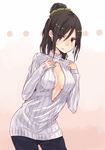  black_hair blue_eyes breasts center_opening cleavage commentary_request hrd long_hair looking_at_viewer medium_breasts meme_attire open-chest_sweater original ponytail simple_background solo sweatdrop sweater 