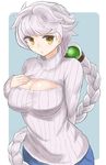  alternate_costume arms_behind_back braid breasts cleavage_cutout colored_eyelashes hand_on_own_chest highres jitome kantai_collection large_breasts long_hair looking_at_viewer meme_attire okitsugu open-chest_sweater ribbed_sweater silver_hair single_braid solo sweater turtleneck unryuu_(kantai_collection) very_long_hair yellow_eyes 