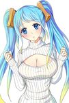  amiemie blonde_hair blue_eyes blue_hair blush breasts cleavage cleavage_cutout gradient_hair highres large_breasts league_of_legends long_hair looking_at_viewer meme_attire multicolored_hair open-chest_sweater ribbed_sweater simple_background solo sona_buvelle sweater turtleneck twintails white_background 