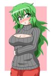  blush breasts cleavage cleavage_cutout green_eyes green_hair kazami_yuuka kazami_yuuka_(pc-98) large_breasts long_hair long_sleeves looking_at_viewer makko meme_attire open-chest_sweater open_mouth ribbed_sweater skirt solo sweater touhou touhou_(pc-98) very_long_hair 