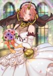  1girl :d azaka_(rionrita) blue_eyes blush bouquet bridal_veil detached_sleeves dress eyebrows_visible_through_hair fate/apocrypha fate_(series) flower frankenstein&#039;s_monster_(fate) hair_flower hair_ornament head_wreath heterochromia highres holding holding_bouquet horn long_sleeves looking_at_viewer open_mouth petals pink_hair purple_flower red_flower ribbon short_hair sleeveless sleeveless_dress smile solo veil wedding_dress white_dress white_flower white_sleeves yellow_eyes yellow_ribbon 