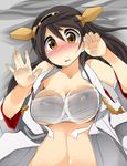  aki_(akikaze_asparagus) blush breast_press breasts brown_eyes brown_hair budget_sarashi covered_nipples glass_wall hairband haruna_(kantai_collection) kantai_collection large_breasts long_hair lying midriff nose_blush on_back open_clothes open_robe robe sarashi solo torn_clothes underboob 