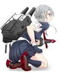  1girl aoyashio_rin black_gloves black_legwear black_shirt black_skirt brown_footwear fingerless_gloves full_body gloves grey_eyes grey_hair hair_between_eyes highres kantai_collection kneeling miniskirt neckerchief nowaki_(kantai_collection) one_knee pleated_skirt red_neckwear sailor_collar shiny shiny_hair shirt short_sleeves simple_background skirt solo tied_hair white_background white_sailor_collar 