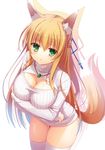  animal_ears blonde_hair breasts cleavage cleavage_cutout fox_ears fox_tail green_eyes hair_ribbon highres jewelry large_breasts leaning_forward long_hair looking_at_viewer meme_attire necklace open-chest_sweater original pendant ribbed_sweater ribbon simple_background skindentation solo sweater tail thighhighs thighs white_background white_legwear yuzu_modoki 
