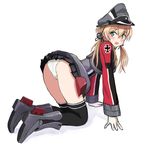  all_fours ass blonde_hair blue_eyes flat_ass from_side full_body gloves hat highres kantai_collection karashi_(tou_gara_shi) long_hair md5_mismatch panties peaked_cap prinz_eugen_(kantai_collection) simple_background solo twintails underwear uniform white_background white_panties 