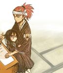  1boy 1girl abarai_renji badge bandanna black_hair bleach desk facial_mark fukutaichou_badge kuchiki_rukia nuka pink_eyes red_hair shinigami sitting tattoo 