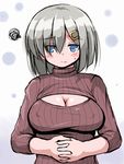  alternate_costume blue_eyes blush breasts cleavage cleavage_cutout covered_nipples hair_ornament hair_over_one_eye hairclip hamakaze_(kantai_collection) interlocked_fingers kantai_collection large_breasts meme_attire open-chest_sweater ribbed_sweater short_hair silver_hair solo squiggle sweatdrop sweater tsuzuri_(tuzuri) turtleneck 