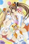  3girls ahoge amagi_brilliant_park animal_costume antenna_hair ass blonde_hair blue_eyes breasts brown_eyes brown_hair latifa_fleuranza long_hair multiple_girls official_art one_eye_closed open_mouth ponytail sento_isuzu smile source_request sylphy_(amaburi) thighhighs twintails 