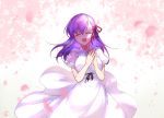  1girl :d absurdres black_ribbon cherry_blossoms dress eyes_closed fate/stay_night fate_(series) floating_hair hair_ribbon highres huge_filesize long_dress long_hair matou_sakura open_mouth otinksan purple_hair red_ribbon rei_no_himo ribbon short_sleeves signature smile solo standing sundress white_dress 