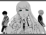  2boys aldnoah.zero asseylum_vers_allusia band earrings greyscale guitar instrument jewelry kaizuka_inaho microphone monochrome multiple_boys music open_mouth singing slaine_troyard tarakoutibiru 