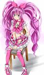  blue_eyes bow brooch chair choker cure_melody frills full_body hair_ribbon hairband highres houjou_hibiki jewelry long_hair magical_girl midriff pink_bow pink_choker pink_hair pink_legwear precure ribbon shoes sitting smile solo suite_precure thighhighs twintails wrist_cuffs yuutarou_(fukiiincho) zettai_ryouiki 