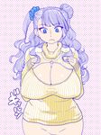  asymmetrical_hair blue_eyes breasts cleavage_cutout eyeshadow frown galko highres huge_breasts long_hair makeup meme_attire official_style one_side_up open-chest_sweater oshiete!_galko-chan polka_dot polka_dot_background ribbed_sweater scrunchie shiwasu_no_okina side_bun solo sweater turtleneck 
