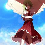  :d day from_below green_hair holding kazami_yuuka looking_at_viewer open_mouth parasol petals plaid plaid_skirt plaid_vest red_eyes shade short_hair skirt sky smile solo sun touhou tsukugu umbrella vest 