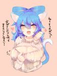  alternate_costume animal_ears blue_hair breasts cat_ears cat_tail cleavage cleavage_cutout collar_tug come_hither fangs fig_sign hair_rings heart highres kaenuco kaku_seiga kemonomimi_mode large_breasts long_sleeves looking_at_viewer meme_attire open-chest_sweater open_mouth ribbed_sweater smile solo sweater tail touhou translated upper_body yellow_eyes 