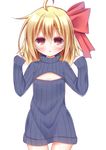  ahoge bow cleavage_cutout esureki flat_chest hair_bow hair_ribbon looking_at_viewer meme_attire open-chest_sweater orange_eyes parted_lips ribbed_sweater ribbon rumia short_hair simple_background solo sweater touhou turtleneck white_background 