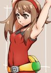  armpits arms_up brown_eyes brown_hair covered_navel fanny_pack hair_ribbon haruka_(pokemon) impossible_clothes impossible_shirt pokemon pokemon_(game) pokemon_oras ribbon sazanami_tarou shirt sidelocks skin_tight sleeveless solo stretch tank_top upper_body 