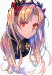  1girl blonde_hair bow cropped_torso diadem earrings ereshkigal_(fate/grand_order) fate/grand_order fate_(series) floating_hair hair_bow highres hikari50503 jewelry long_hair looking_at_viewer parted_lips portrait red_bow red_eyes shiny shiny_hair simple_background skull solo twintails white_background 