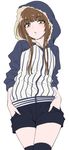  amagami bangs blunt_bangs blush brown_eyes brown_hair denim denim_shorts hands_in_pockets hood hoodie kamizaki_risa long_hair pantyhose raglan_sleeves shirt shorts shouji_nigou solo striped striped_shirt thighhighs vertical-striped_shirt vertical_stripes 