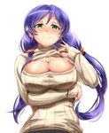 blue_hair blush breasts cleavage cleavage_cutout collar_tug collarbone green_eyes highres large_breasts long_hair long_sleeves looking_at_viewer love_live! love_live!_school_idol_project meme_attire open-chest_sweater ribbed_sweater scrunchie smile solo sweater toujou_nozomi turtleneck twintails umakatsuhai upper_body very_long_hair 