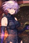  1girl :d armored_leotard azaka_(rionrita) black_leotard blood blood_on_face breasts breasts_apart elbow_gloves eyebrows_visible_through_hair fate/grand_order fate_(series) floating_hair gloves highres holding_shield leotard looking_at_viewer mash_kyrielight medium_breasts open_mouth purple_eyes shield short_hair silver_hair smile solo upper_body 