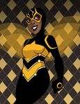  argyle argyle_background aside_glance bodysuit brown_eyes bumble_bee clenched_hand dark_skin dark_skinned_female dc_comics fist flying gloves goggles hood karen_beecher lipstick long_sleeves looking_aside makeup neon_trim smile solo teeth wings young_justice:_invasion 