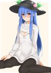  alternate_costume black_legwear blue_hair blush breasts cleavage_cutout food fruit hat hinanawi_tenshi long_hair looking_at_viewer meme_attire momoiro_lettuce open-chest_sweater pantyhose peach red_eyes ribbed_sweater simple_background small_breasts solo sweater touhou turtleneck 
