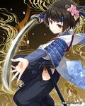  armor black_hair black_hakama brown_eyes fighting_stance flower from_side glint hair_flower hair_ornament hakama headband hip_vent holding holding_sword holding_weapon japanese_armor japanese_clothes katana looking_at_viewer maeda_risou official_art outstretched_arm parted_lips petals short_hair shoulder_armor sode solo souken_no_cross_age sword weapon 