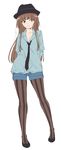  amagami arms_behind_back bangs blunt_bangs brown_eyes brown_hair denim denim_shorts hat kamizaki_risa long_hair necktie pantyhose shoes shorts shouji_nigou sidelocks smile solo striped striped_legwear vertical-striped_legwear vertical_stripes 