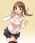  :d black_legwear black_skirt breasts brown_eyes brown_hair cleavage cleavage_cutout idolmaster idolmaster_cinderella_girls large_breasts meme_attire open-chest_sweater open_mouth ribbed_sweater short_hair skirt smile solo sweater thighhighs totoki_airi turtleneck twintails wm_(chawoo1357) zettai_ryouiki 