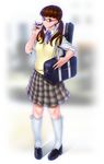  absurdres bag bespectacled brown_eyes brown_hair extra glasses hair_twirling highres k-on! kneehighs long_hair plaid plaid_skirt red-framed_eyewear sakuragaoka_high_school_uniform sasaken school_uniform skirt solo twintails wakaouji_ichigo 