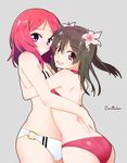  3: bikini black_hair cutie_panther flower grey_background hair_flower hair_ornament hug looking_at_viewer love_live! love_live!_school_idol_project multiple_girls nishikino_maki purple_eyes red_bikini red_eyes red_hair shing_(sorairo_factory) simple_background song_name swimsuit white_bikini yazawa_nico 