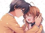  1girl ^_^ black_hair blue_eyes brown_hair clannad closed_eyes furukawa_nagisa hair_ornament hairclip height_difference hikarizaka_private_high_school_uniform looking_at_another okazaki_tomoya open_mouth petals school_uniform serafuku short_hair smile soranagi 