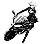  bad_id bad_twitter_id banned_artist biker_clothes bikesuit boots breasts character_request cleavage expressionless eyepatch greyscale ground_vehicle looking_up medium_breasts monochrome motor_vehicle motorcycle s_tanly short_hair solo 