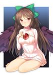  47agdragon bow breasts brown_hair cleavage_cutout feathered_wings hair_bow hair_ribbon highres long_hair looking_at_viewer medium_breasts meme_attire open-chest_sweater parted_lips red_eyes reiuji_utsuho ribbed_sweater ribbon sitting solo sweater third_eye touhou wings 