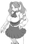  breasts greyscale gundam gundam_build_fighters gundam_build_fighters_try hand_on_hip high-waist_skirt kasuga_shun large_breasts long_hair monochrome pantyhose sazaki_kaoruko skirt smile solo twintails twitter_username 