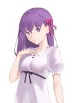  1girl bangs black_ribbon bow collarbone dress eyebrows_visible_through_hair fate/stay_night fate_(series) hair_between_eyes hair_bow highres jilu long_hair looking_at_viewer matou_sakura parted_lips purple_eyes purple_hair red_bow rei_no_himo ribbon short_sleeves simple_background solo standing sundress upper_body white_background white_dress 