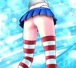  ass ass_focus black_panties blue_background close-up crop_top dated flat_ass from_behind from_below highleg highleg_panties highres kantai_collection microskirt midriff miru_(millefeuille) panties pleated_skirt shimakaze_(kantai_collection) signature skirt solo striped striped_legwear thighhighs thong underwear upskirt 