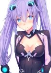  1girl 3: absurdres alternate_hairstyle arms_behind_back blue_eyes blush breasts cleavage cleavage_cutout daiaru embarrassed hair_between_eyes hair_ornament highres leotard long_hair looking_at_viewer medium_breasts neptune_(series) power_symbol purple_hair purple_heart simple_background solo symbol-shaped_pupils twintails very_long_hair white_background 
