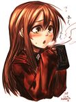  2014 blowing blush brown_eyes brown_hair chestnut_mouth cup dated highres kotoba_noriaki long_hair mug original signature sleeves_past_wrists solo upper_body 