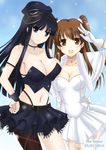  2girls :d artist_name black_eyes black_hair breasts brown_eyes brown_hair choker cleavage dated dress frilled_skirt frills hat large_breasts long_hair looking_at_viewer multiple_girls navel ogiso_setsuna open_mouth peaked_cap skirt smile the-sinner touma_kazusa two_side_up v white_album_2 white_dress 